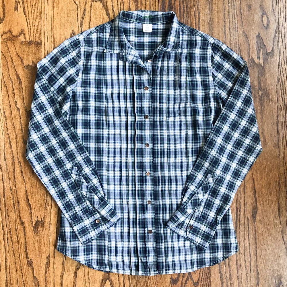 J. Crew Green/Navy/White Pleated Plaid Shirt